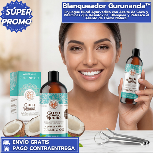 Blanqueador Dental Gurunanda™: Enjuague Bucal con Aceite de Coco y Vitaminas que Desintoxica, Blanquea y Refresca el Aliento