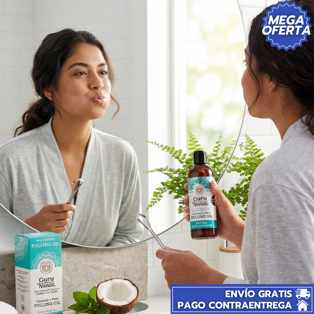 Blanqueador Dental Gurunanda™: Enjuague Bucal con Aceite de Coco y Vitaminas que Desintoxica, Blanquea y Refresca el Aliento
