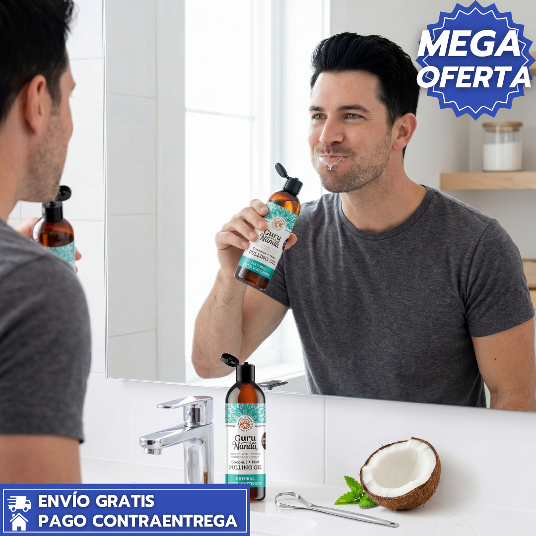Blanqueador Dental Gurunanda™: Enjuague Bucal con Aceite de Coco y Vitaminas que Desintoxica, Blanquea y Refresca el Aliento