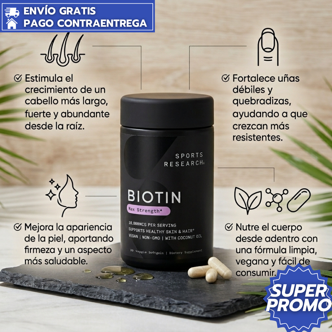 Sports Research Biotina™Suplemento de Biotina de Alta Potencia que Fortalece el Cabello, Mejora la Piel y Endurece las Uñas desde la Raíz