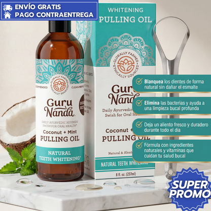 Blanqueador Dental Gurunanda™: Enjuague Bucal con Aceite de Coco y Vitaminas que Desintoxica, Blanquea y Refresca el Aliento